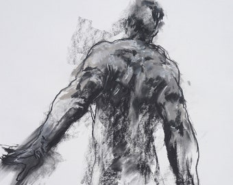 Mixed-Media Male Figure Drawing in Charcoal & Pastel, Gallery Wall Art,  14x17" Original Drawing Fine Art "Drawing 694" Black and white