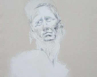 Pintura de figuras clásicas, arte figurativo original de técnica mixta, blanco sobre lienzo crudo "Progenitor" 25x30" Arte mural contemporáneo minimalista
