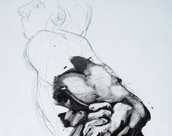 Pintura figurativa grande, arte mural en blanco y negro, "hombre, cautivo" 30x48" Arte de figura abstracta, arte mural extra grande Lienzo Figura abstracta