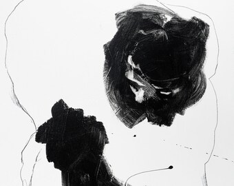 Gran figura masculina abstracta minimalista de temática clásica sobre lienzo, negro, blanco, gris, 30 x 48 "