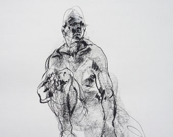 Minimal and Expressive Male Figure Drawing in Charcoal, Gallery Wall Art,  14x17" Original Drawing Fine Art "Drawing 676" Black and white