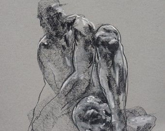 Charcoal and Pastel Male Figure Study on Gray, Black and White Art Gallery Wall Art, Abstract Sketch 11x14" "Drawing 653" Original Drawing