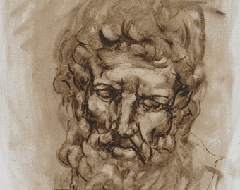 18x24 Oil Study of Marble Head of Herakles, Fine Art, Original Mythological Figure Painting, Portrait, Gallery Wall Canvas Art, Monochrome