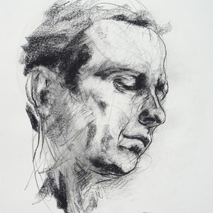 Expressive Portrait Study in Charcoal, Black and White Art, Abstract Gestural Figure Sketch 11x14&quot; &quot;Drawing 671&quot; Original Drawing