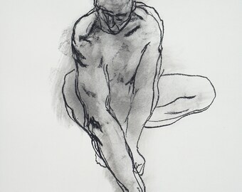 Bold and Minimal Charcoal Male Nude Figure Study, Original Drawing, Black and White Line Art, Abstract Figure Sketch 11x14" "Drawing 674"