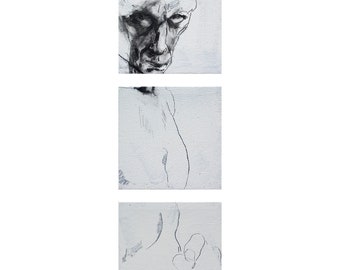 Expressive and Powerful Triptych Wall Art,  Original Figure Painting, "Ascetic" Contemporary Black and White Wall Art by Derek Overfield