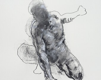 Mixed Media Male Nude Figure Study, Black and White Art, Abstract Gestural Figure Sketch 11x14" "Drawing 673" Original Drawing in Charcoal