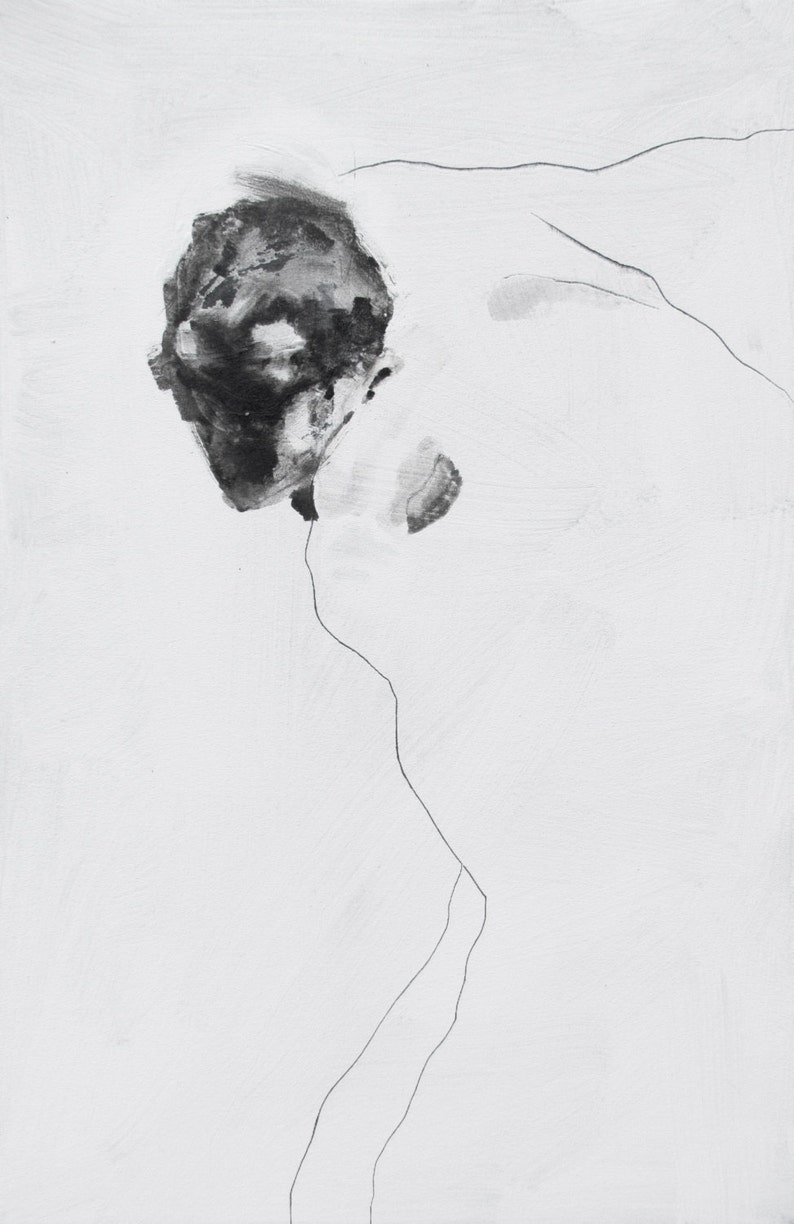 Large Minimal Abstract Male Figure Painting on Canvas, black, white, grey, 30 x 48 image 1