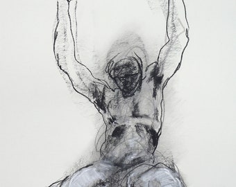 Mixed Media Male Nude Figure Study, Black and White Art, Abstract Gestural Figure Sketch 11x14" "Drawing 670" Original Drawing in Charcoal