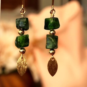 Deep Green Minimalist Drop Earrings, Chrome Diopside Gemstone, Raw Cube Dangle, Gold Leaf Charm, 18K PVD Gold, Hypoallergenic