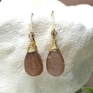 Chocolate Teardrop Moonstone Drop Earrings: 18K Gold or Sterling Silver Plated Lever Back