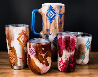 Western Cowhide Tumblers | Insulated Stainless Steel, Aztec Tribal Design