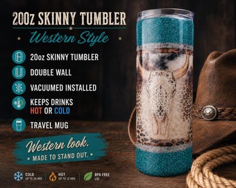 Teal Glitter Cow Skull Tumbler | Western Style 20oz Skinny Travel Mug