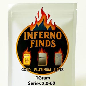 May include: A white pouch featuring the text "Inferno Finds" in orange and yellow, with flame graphics. It displays "Gold Platinum Silver" and "1 Gram Series 2.0-60". The pouch contains three small bars.