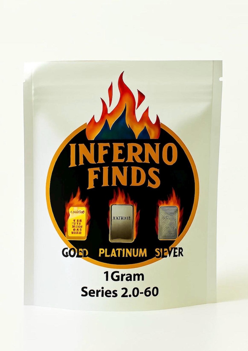 May include: A white pouch with the text "Inferno Finds" in orange and yellow, with flames above. Below, it reads "Gold Platinum Silver" and "1 Gram Series 2.0-60". The pouch contains three small bars.