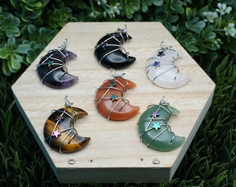 Crescent Moon Crystal Wire Wrap Pendant – Celestial Necklace