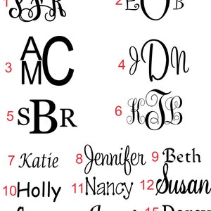 K&ouml;nnte beinhalten: Eine Sammlung personalisierter Monogramme und Namen in verschiedenen eleganten Schriftarten. Das Bild zeigt Initialen wie SFR, EOB und KJL sowie Namen wie Katie, Jennifer und Susan, alle in schwarzer Schrift.