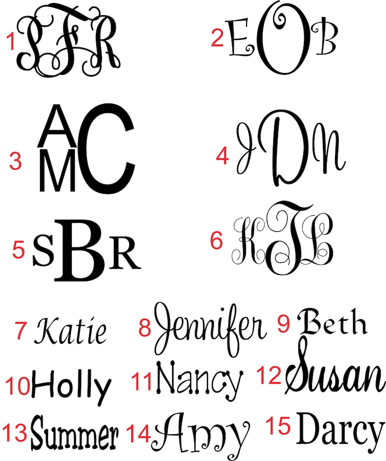 K&ouml;nnte beinhalten: Eine Sammlung personalisierter Monogramme und Namen in verschiedenen eleganten Schriftarten. Das Bild zeigt Initialen wie SFR, EOB und KJL sowie Namen wie Katie, Jennifer und Susan, alle in schwarzer Schrift.