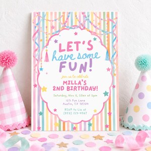 May include: A rectangular birthday invitation card with vertical pastel stripes, featuring the text LET'S have some FUN! Milla's 2ND BIRTHDAY, date, time, address, and RSVP details. The card is flanked by a pink gingham and a polka dot party hat.