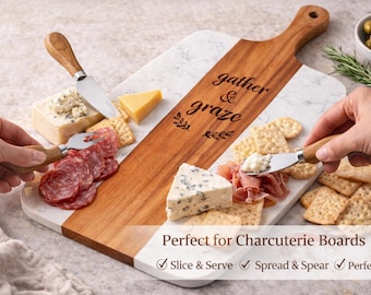 Marble and Acacia Wood Cheese Board Set | Charcuterie Serving Platter with Cheese Knives | Modern Appetizer Tray for Hosting and Gifting