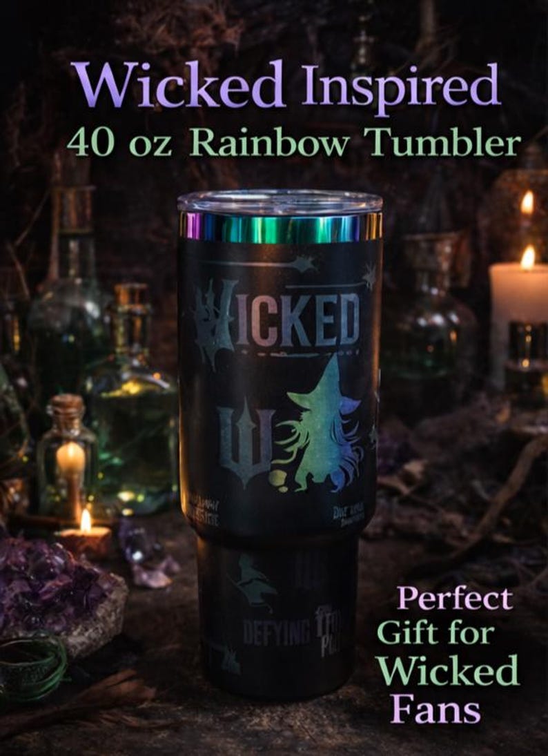 Vaso arcoíris de 40 oz inspirado en Wicked / Taza de bruja malvada / Regalo para fanáticos de la música / Acero inoxidable negro mate grabado con láser imagen 1