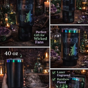 Vaso arcoíris de 40 oz inspirado en Wicked / Taza de bruja malvada / Regalo para fanáticos de la música / Acero inoxidable negro mate grabado con láser imagen 6