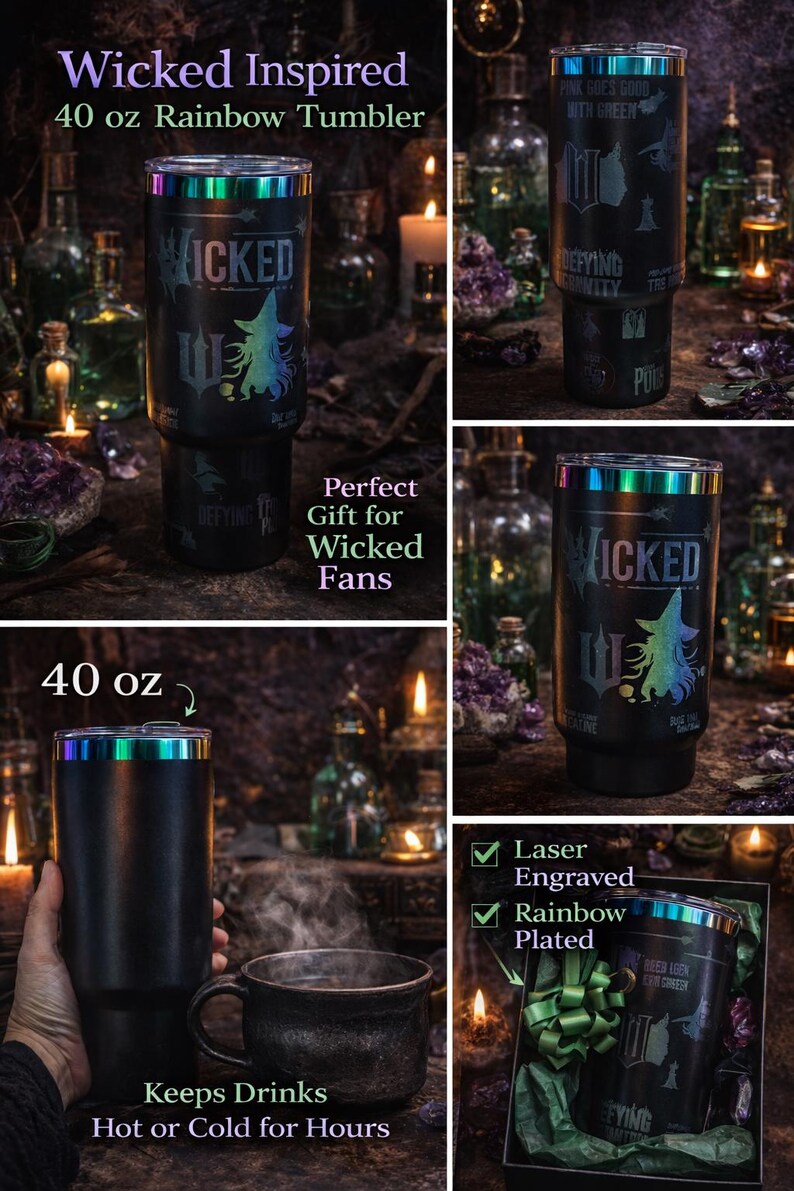 Vaso arcoíris de 40 oz inspirado en Wicked / Taza de bruja malvada / Regalo para fanáticos de la música / Acero inoxidable negro mate grabado con láser imagen 6