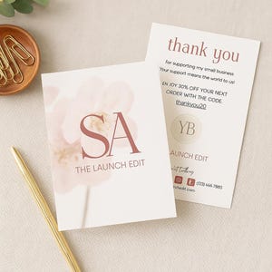 編集可能なご購入ありがとうございますカード | 花柄ビジネスサンキューカードテンプレート | 中小企業向けデジタルダウンロード | すぐにダウンロード