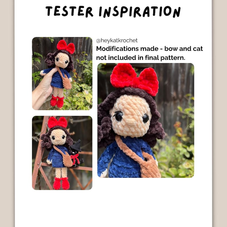 May include: A crochet doll with dark brown curly hair, a large red bow, a blue dress, red boots, and a tan crossbody bag. The text reads TESTER INSPIRATION, @heykatkrochet, and Modifications made - bow and cat not included in final pattern.