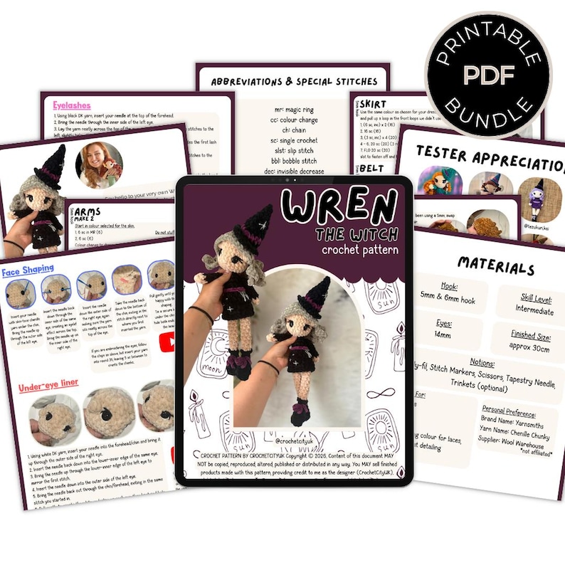 May include: A printable PDF crochet pattern bundle for a doll named Wren the Witch. The document includes written instructions, abbreviations, material lists, and step-by-step photo tutorials for creating a small doll with a black hat and dress.