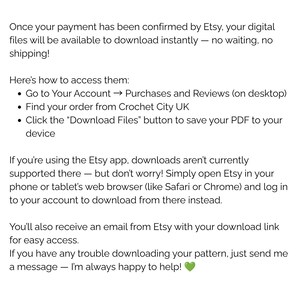 May include: A white informational document with black text explaining the digital download process for Etsy orders from Crochet City UK, including instructions for desktop and mobile browsers, email notifications, and a green heart icon at the end.