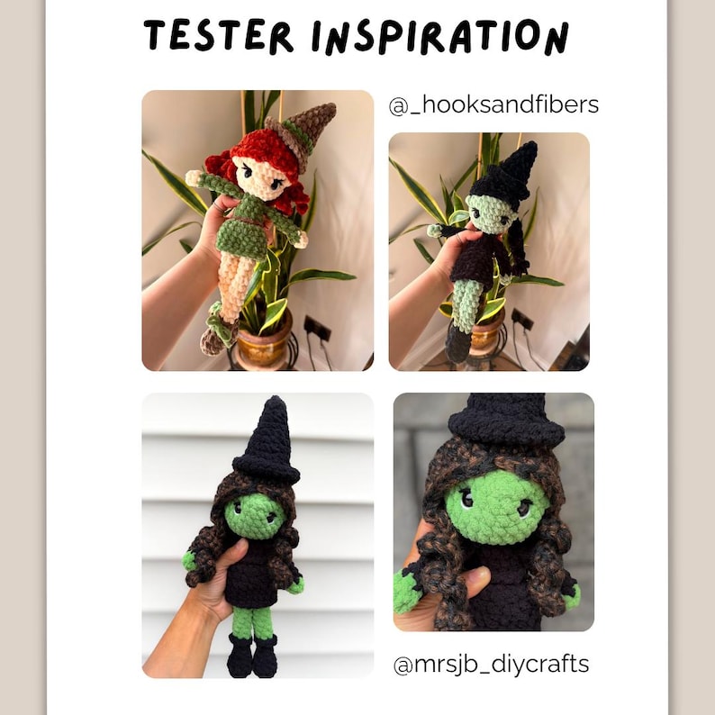 May include: A collage titled TESTER INSPIRATION featuring four handmade crochet dolls. The dolls include a red-haired figure in a green outfit and three green-skinned figures wearing black dresses and pointed hats, with handles @_hooksandfibers and @mrsjb_diycrafts.