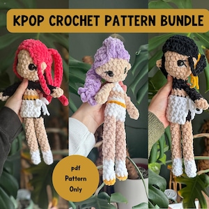 May include: Three handmade crochet dolls with different hairstyles and outfits. The dolls have black eyes and are wearing tops, skirts, and shorts. The text "KPOP CROCHET PATTERN BUNDLE" is at the top. The text "pdf Pattern Only" is at the bottom.