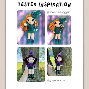 May include: A collage titled TESTER INSPIRATION featuring four crochet dolls. Two dolls have orange hair and green outfits with hats, while two dolls have dark brown hair and purple and green outfits with hats. The text @mooniemagpie and @yarnpsycho appears.