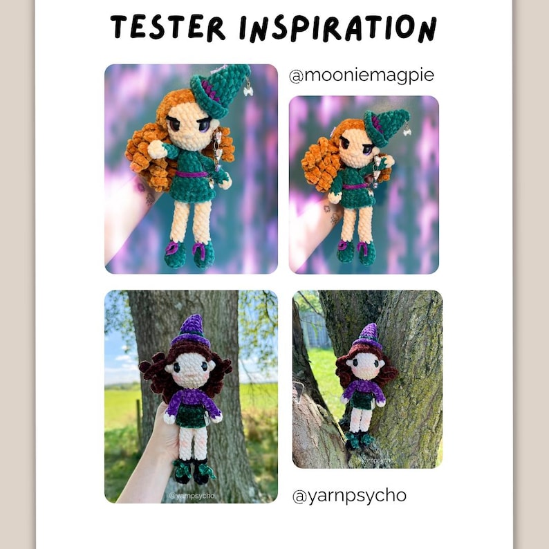 May include: A collage titled TESTER INSPIRATION featuring four crochet dolls. Two dolls have orange hair and green outfits with hats, while two dolls have dark brown hair and purple and green outfits with hats. The text @mooniemagpie and @yarnpsycho appears.