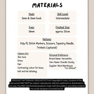 May include: A crochet pattern information sheet titled MATERIALS. It lists requirements including 5mm and 6mm hooks, 14mm eyes, intermediate skill level, and a finished size of approx 30cm. Notions include poly-fil, stitch markers, scissors, and a needle.