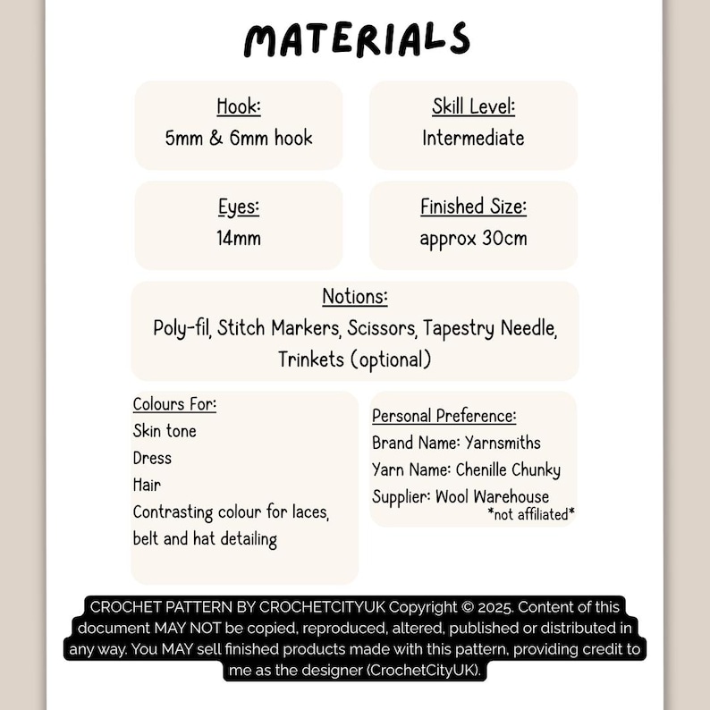 May include: A crochet pattern information sheet titled MATERIALS. It lists requirements including 5mm and 6mm hooks, 14mm eyes, intermediate skill level, and a finished size of approx 30cm. Notions include poly-fil, stitch markers, scissors, and a needle.