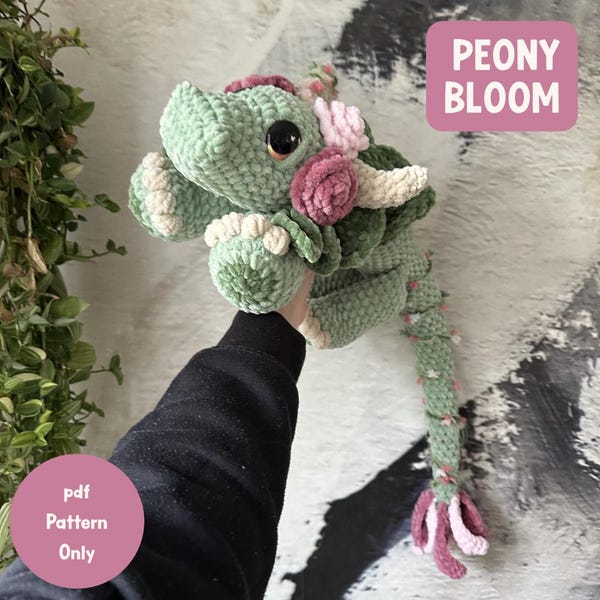 Patrón de dragón a crochet en PDF / Tutorial de peluche amigurumi floral