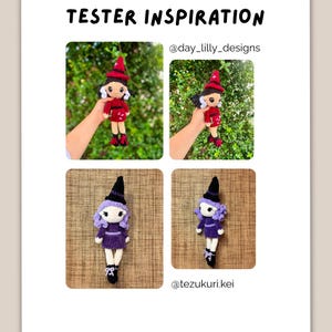 May include: A collage titled TESTER INSPIRATION featuring four crochet dolls. Two dolls wear red dresses with matching hats and black boots. Two dolls wear purple dresses with black hats and white legs. The text @day_lilly_designs and @tezukuri.kei is visible.