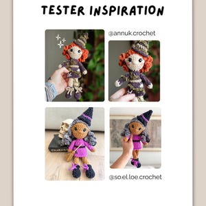 May include: A collage titled TESTER INSPIRATION featuring four crochet dolls. Two dolls have orange hair, purple dresses with star patterns, and striped hats. Two dolls have grey hair, purple dresses, black hats, and hold small brown broom accessories.
