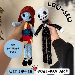 May include: Two crochet dolls, one with red hair and a multicolored patchwork dress, the other with a white skull head and black suit. Text on image reads: LOW-SEW, PDF PATTERNS ONLY, WET SALLEH, BONE-DRY JACK. The dolls have long limbs and yarn textures.