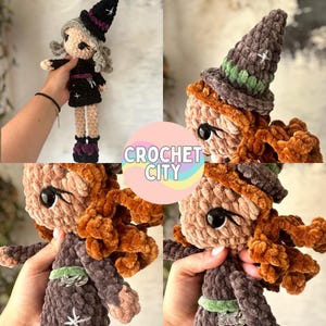 May include: A handmade crochet doll featuring a witch theme with a pointed hat, textured yarn hair, and a dark dress adorned with star and butterfly embellishments. The doll has large black eyes and is crafted from soft, plush, velvet-like yarn.