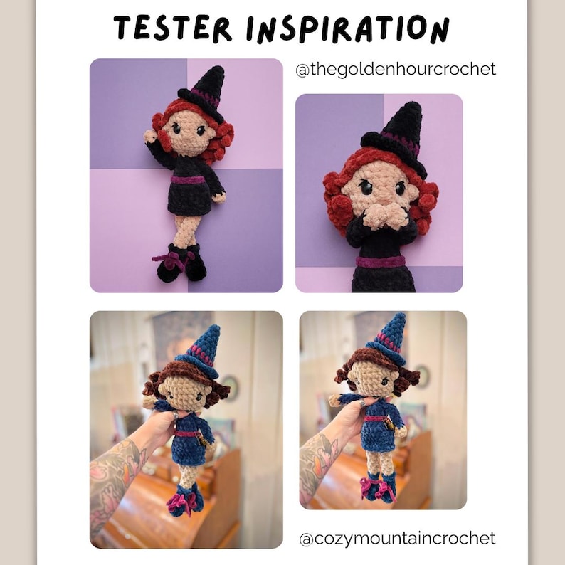 May include: A collage of four photos showing two handmade crochet dolls. One doll has red hair, a black dress, and a black hat. The other doll has brown hair, a blue dress, and a blue hat. The text TESTER INSPIRATION is at the top.