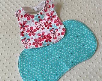 Baby Girl Personalized Bib and Burp Cloth, Baby Shower Gift, Pink, and Aqua Modern Florals