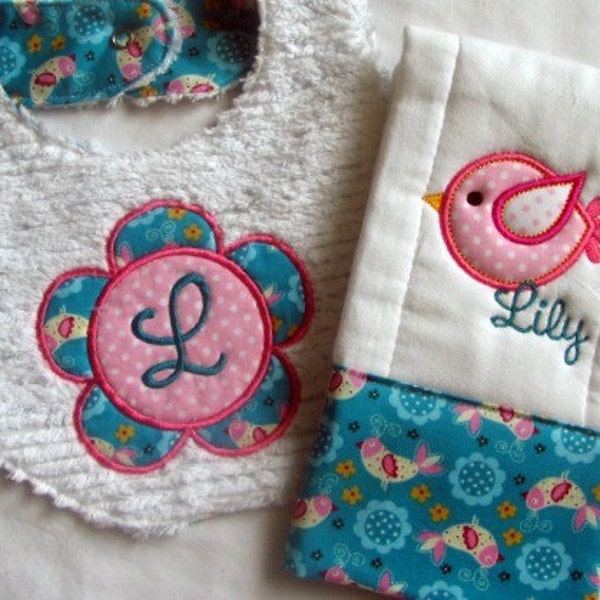 Baby Girl Gift Set, Bib & Burp Cloth Set,  Personalized with Baby's Name