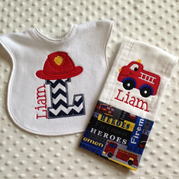Baby Boy 2 PC Gift Set, Personalized Bib and Burp Cloth, Fire Truck and Hat Applique Design