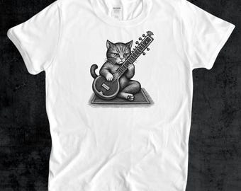 Sitar Kitty T-Shirt, Pet Cat Sitar Playing Tee, Indian Hindustani Musician Gift Shirt