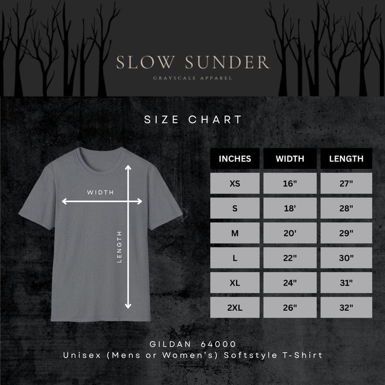 May include: A grey t-shirt with a size chart, displaying measurements in inches for sizes XS to 2XL. The shirt's width ranges from 40.6 cm to 66 cm, and the length varies from 68.6 cm to 81.3 cm. The text "SLOW SUNDER" and "GRAYSCALE APPAREL" are at the top.