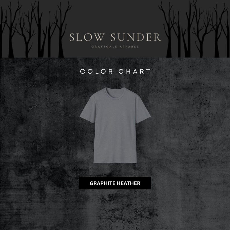 May include: A grey graphite heather t-shirt against a dark grey textured backdrop. The text "SLOW SUNDER" and "GRAYSCALE APPAREL" are at the top. Below the shirt is a black rectangle with the text "GRAPHITE HEATHER".
