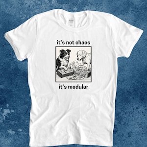 May include: White t-shirt with a black and white graphic of two dogs and modular synthesizers. The text "it's not chaos, it's modular" is above and below the image. The shirt is made of a soft material.